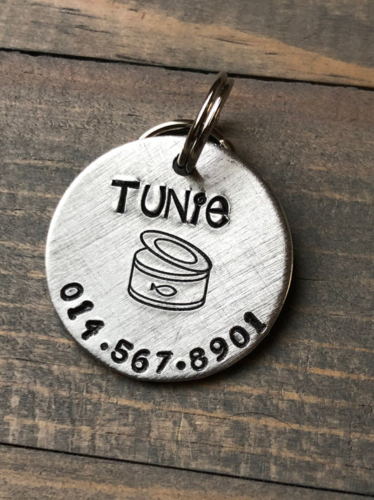 Name Tag for Cat, Hand Stamped Pet ID Tag, Tuna, Personalized Cat Tag for Kitty, Tag with Tuna Can, Cat Food Can
