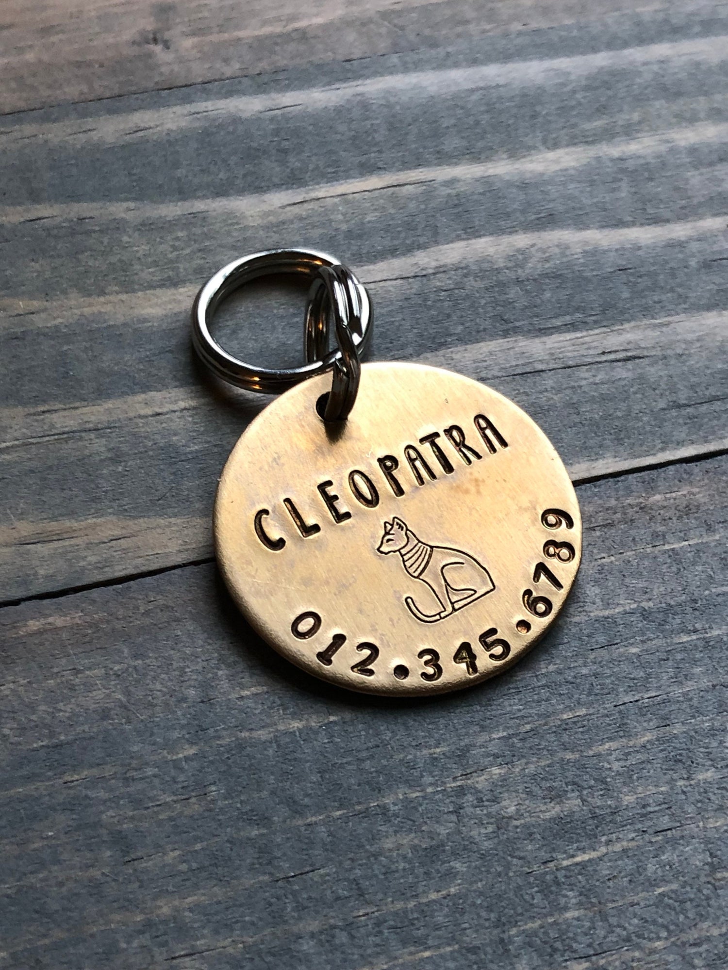 Name Tag for Cat, Hand Stamped Pet ID Tag, Cleopatra, Personalized Cat Tag for Kitty, Tag with Egyptian Cat, Sphinx