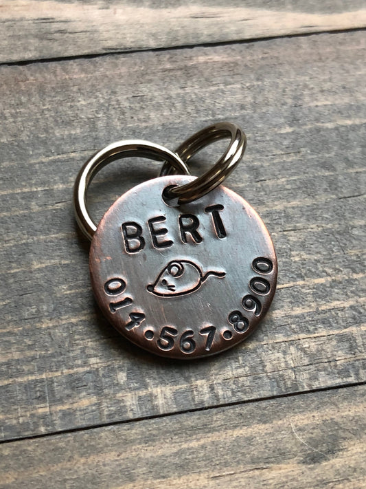 Name Tag for Cat, Hand Stamped Pet ID Tag, Bert, Custom Cat Tag for Kitten, Tag with Cat Nip Mouse, Mouse tag for Cat