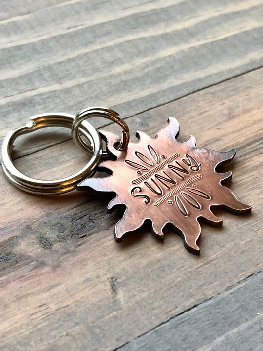 Sun Dog Name Tag for Dog, Hand Stamped Pet ID Tag,  Personalized Dog Tag for Pet, Sun Shaped Dog ID Tag, Sunburst Pet ID