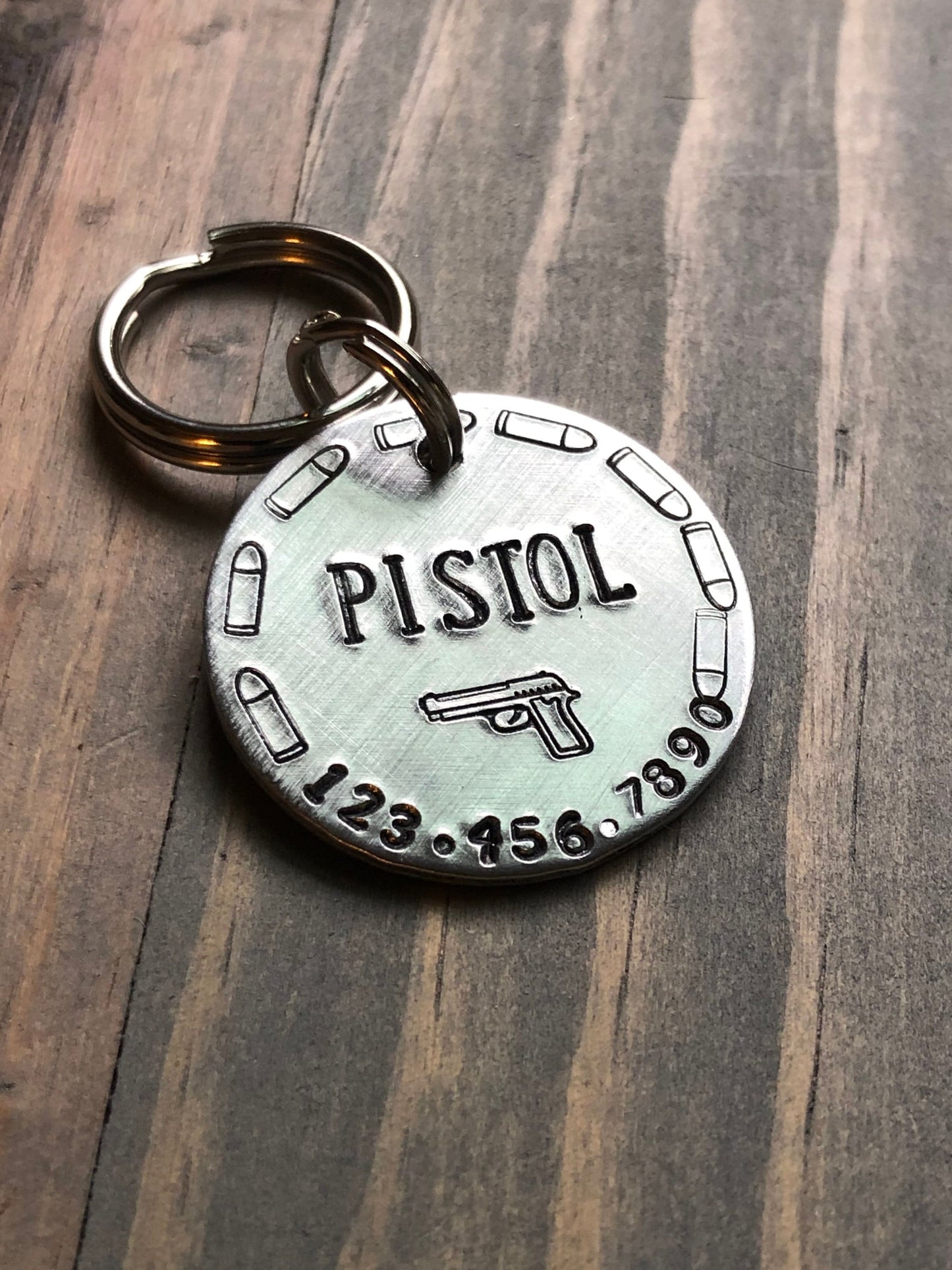 Gun Name Tag for Dog, Hand Stamped Pet ID Tag with bullets, Dog Tag for Gun lover, Personalized Dog Tag for Dog, Revolver, Custom Pet ID