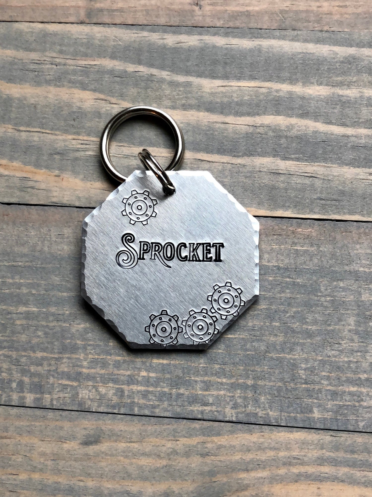 Sprocket Name Tag for Dog, Gearhead Hand Stamped Pet ID Tag, Gears, Personalized Dog Tag for Dog, Mechanic Dog Tag, Octagon Dog Tag