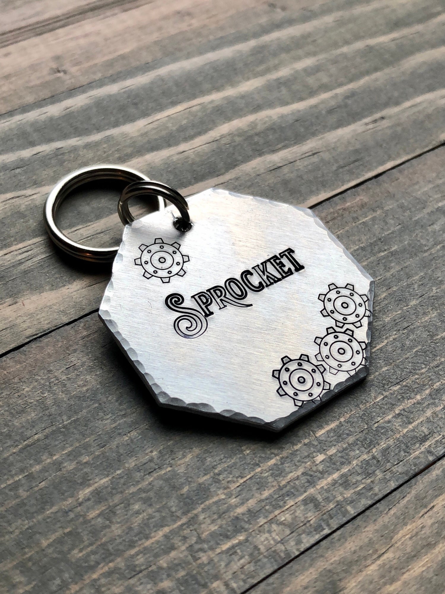 Sprocket Name Tag for Dog, Gearhead Hand Stamped Pet ID Tag, Gears, Personalized Dog Tag for Dog, Mechanic Dog Tag, Octagon Dog Tag