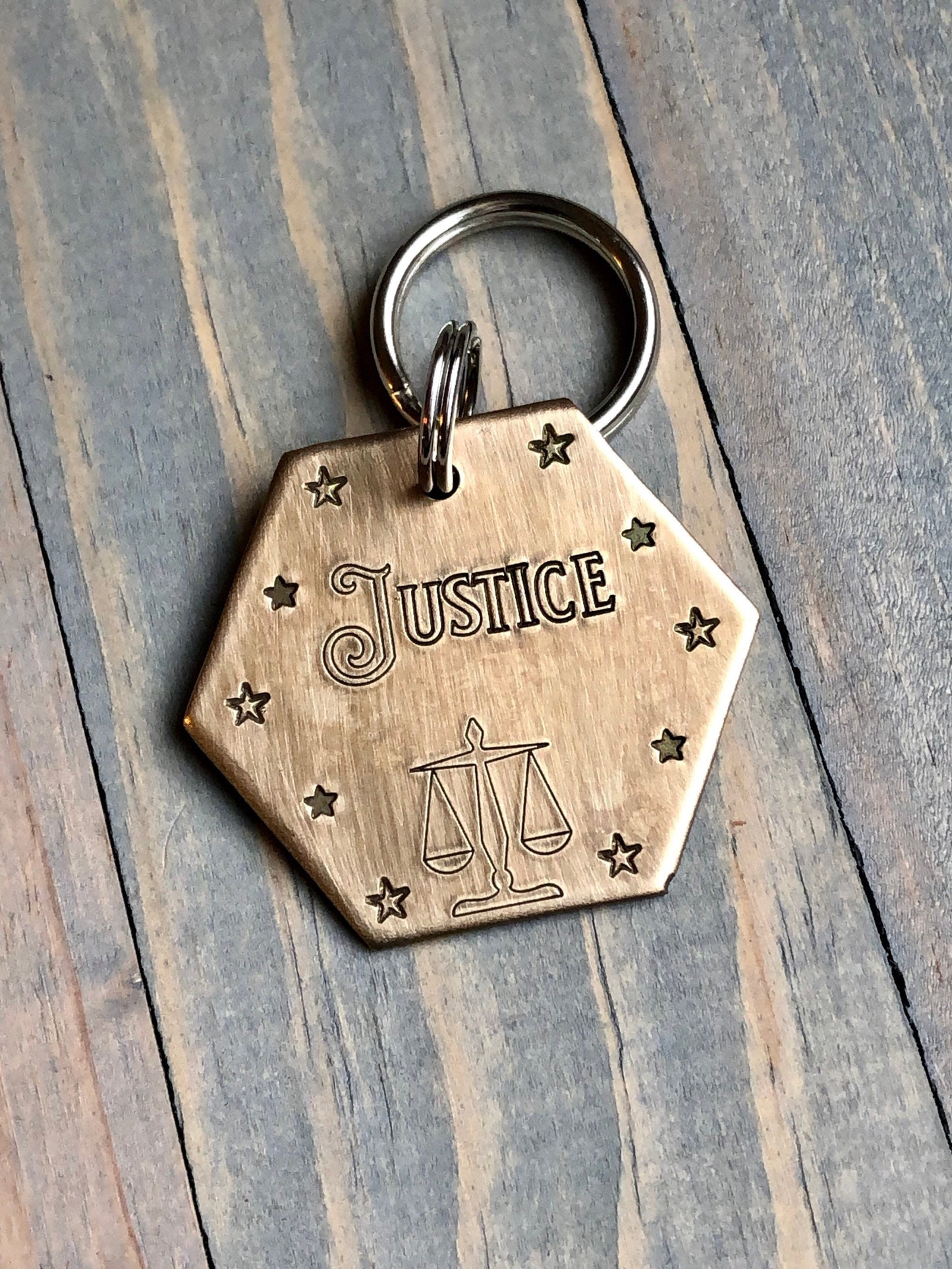 Name Tag for Dog, Hand Stamped Pet ID Tag, Dog ID Tag with Scales of Justice, Personalized Dog Tag, Beam Scale, Liberty, Justice Pet ID Star