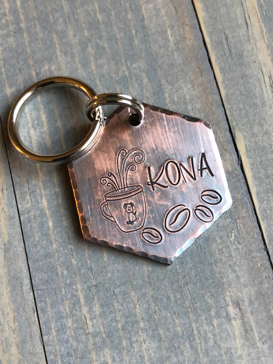 Coffee Name Tag for Dog, Hand Stamped Pet ID Tag, Coffee Beans, MochaTag, Personalized Dog Tag for Dog, Java Tag,  Kona Tag with Mug & Beans