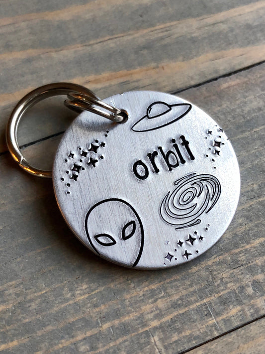 Dog ID Tag | Dog Tag with Alien Space Ship |Personalized Dog Tag | Tag for Dog | Dog Tag | Pet ID Tag with Stars | Orbit Tag