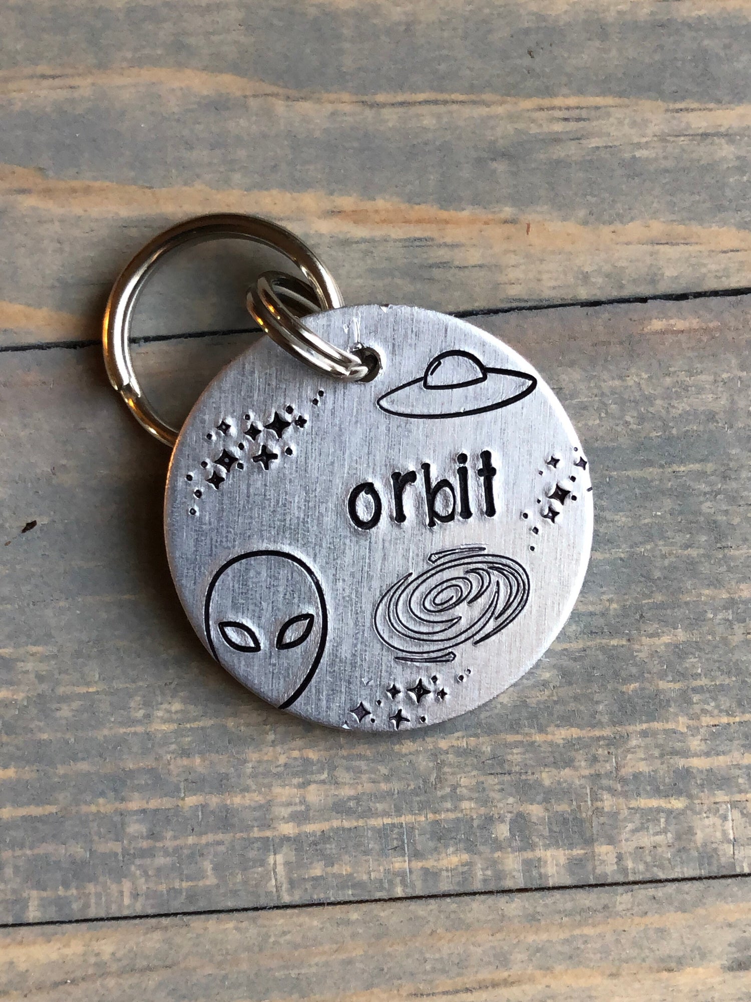 Dog ID Tag | Dog Tag with Alien Space Ship |Personalized Dog Tag | Tag for Dog | Dog Tag | Pet ID Tag with Stars | Orbit Tag