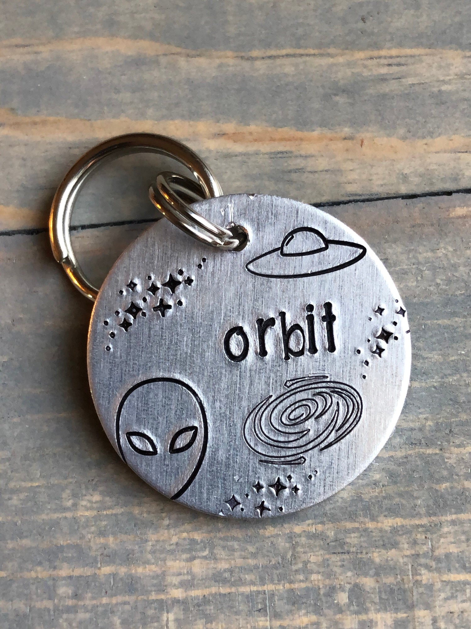 Dog ID Tag | Dog Tag with Alien Space Ship |Personalized Dog Tag | Tag for Dog | Dog Tag | Pet ID Tag with Stars | Orbit Tag