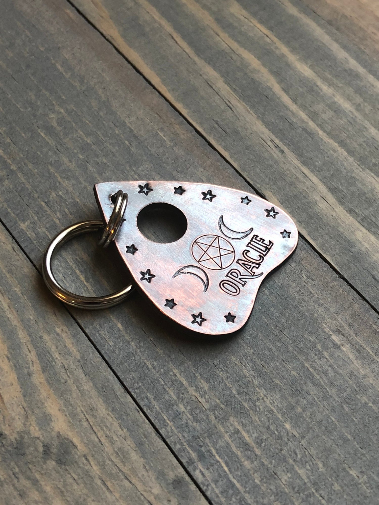 Planchette Dog Tag, Hand Stamped, Personalized Dog Tag for Dog, Halloween Collar Tag, Tag with Pentagram, Tag with Moon and Stars, Oracle