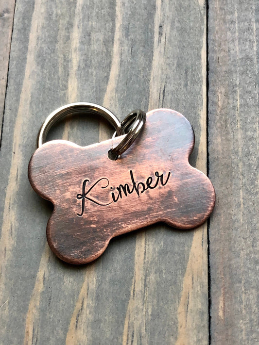 Dog Bone Tag - Hand Stamped Pet ID Tag - Personalized Dog Tag - Dog Collar Tag - Engraved Dog Tag - Bronze Dog Tag