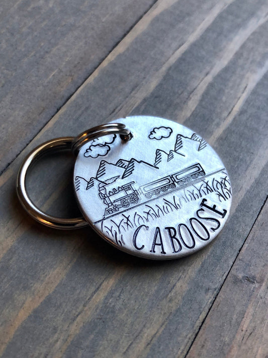 Name Tag for Dog, Hand Stamped Pet ID Tag, Train Dog Tag, Caboose, Dog Tag Mountain Rail Scene, Locomotive, Railway Car