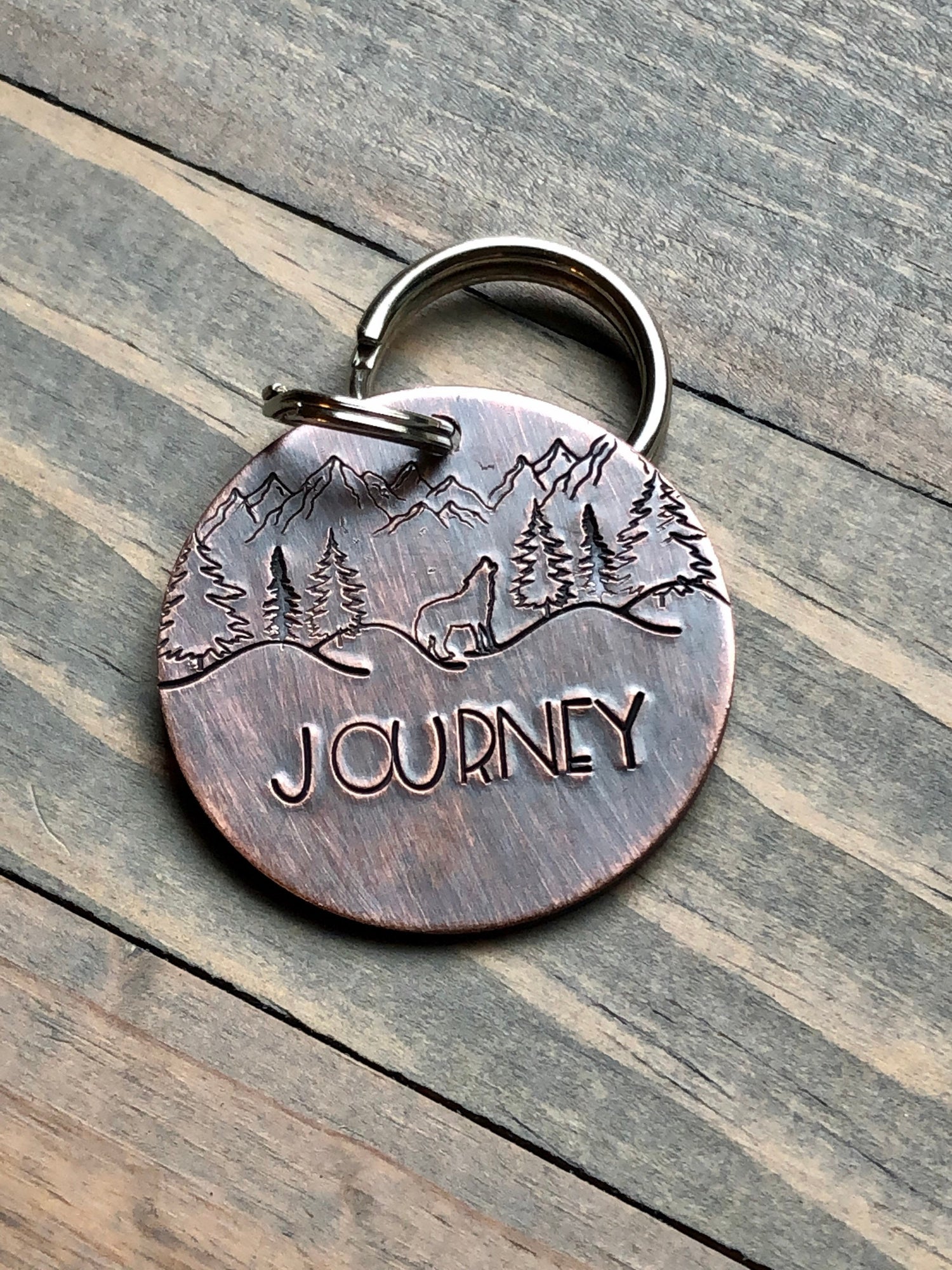 Dog Tag with Wolf, Journey, Wilderness Dog Tag, Adventure Dog ID Tag, Tag for Dog Collar, Trees, Mountains, Pet ID Tag