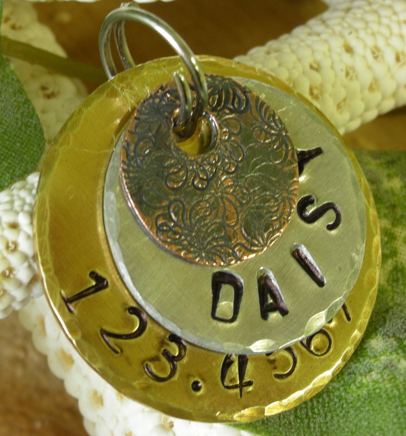 Custom Handstamped Dog/Pet ID Tag-Daisy-Multi Layered Copper Bronze Aluminum Discs