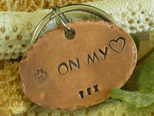 Copper Handstamped Pet Memorial Remembrance Keychain-Pawprints on my Heart