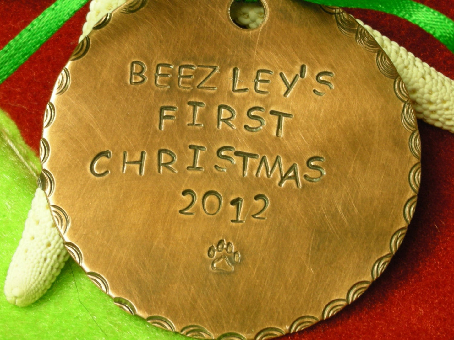 Custom Copper Handstamped Puppy&#39;s First Christmas Ornament