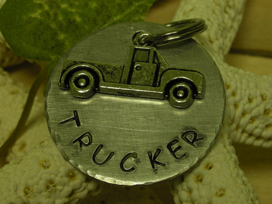 Custom Handstamped Dog/Pet ID Tag-Trucker-Aluminum Disc with PickUp Truck