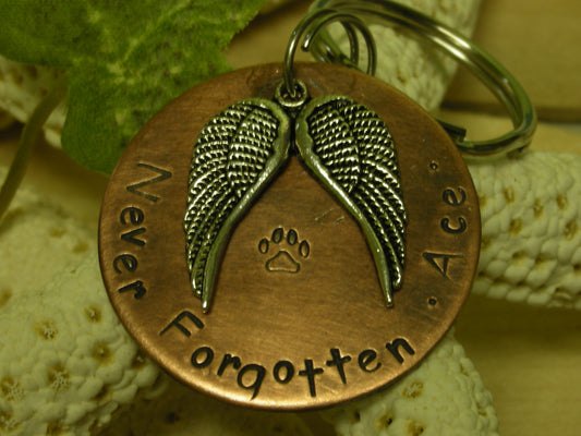 Copper Handstamped Pet Memorial Remembrance Keychain-Never Forgotten