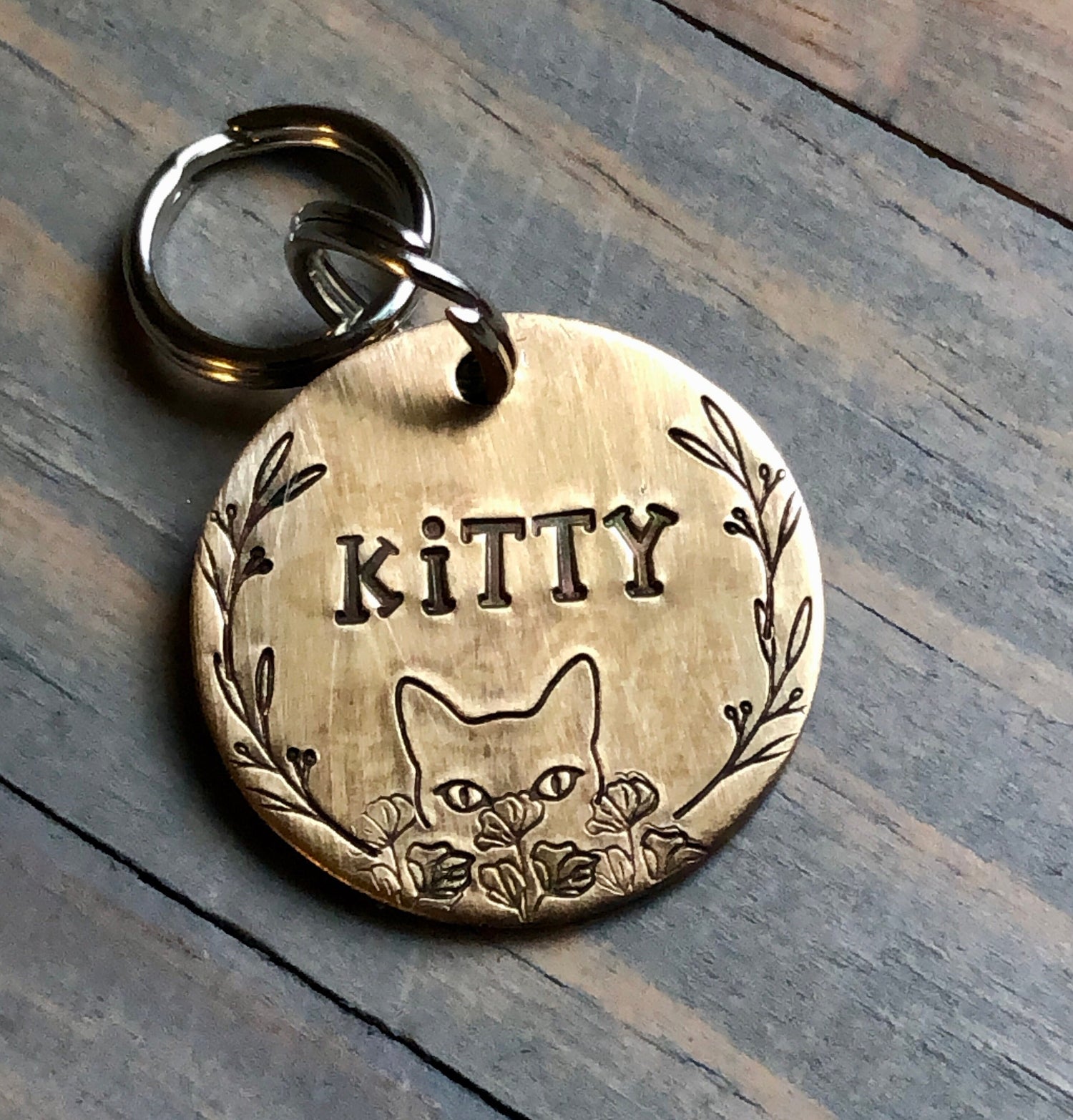 Name Tag for Cat, Hand Stamped Pet ID Tag, Kitty, Personalized Cat Tag for Kitty, Tag with Flowers, Kitten
