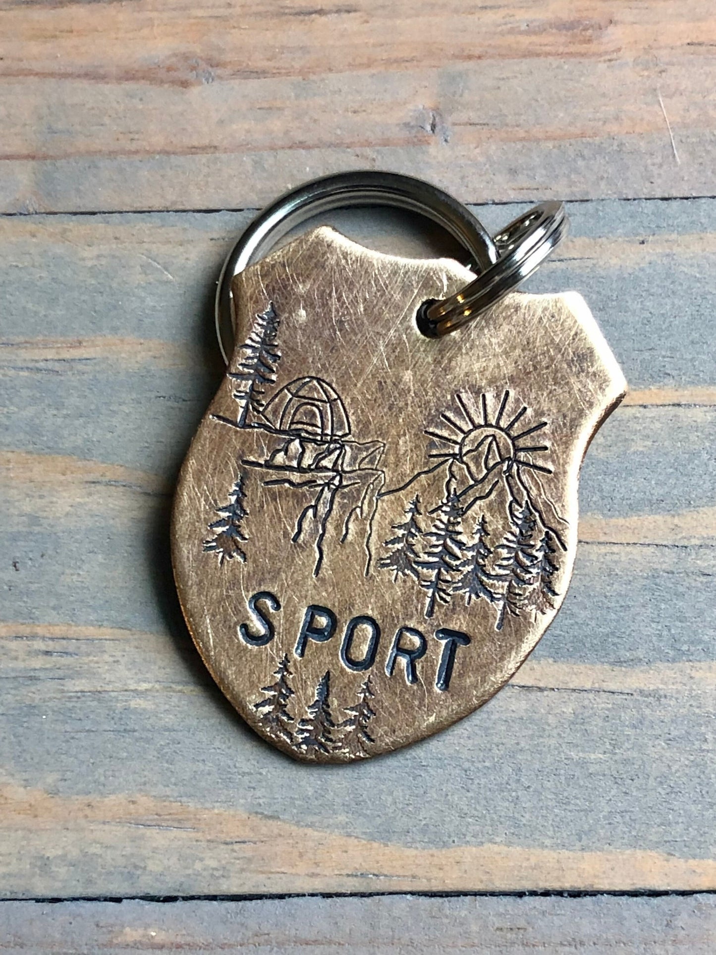 Custom Badge Dog Tag, Hand Stamped Pet ID, Personalized Dog Tag for Dog, Camping Collar Tag, Tag with Tent, Mountains & Trees, Sport