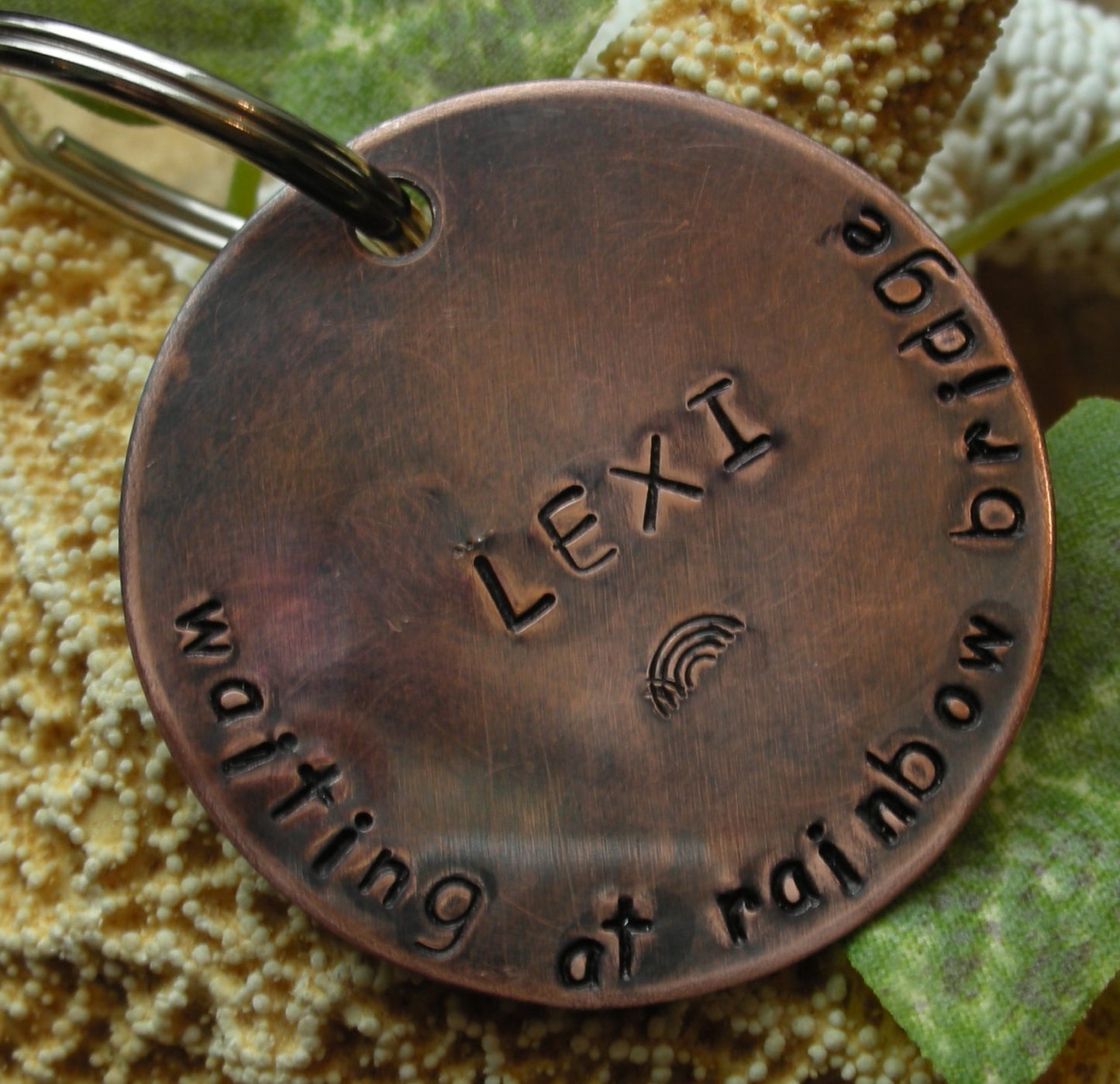 Copper Handstamped Pet Memorial Remembrance Keychain-Rainbow Bridge