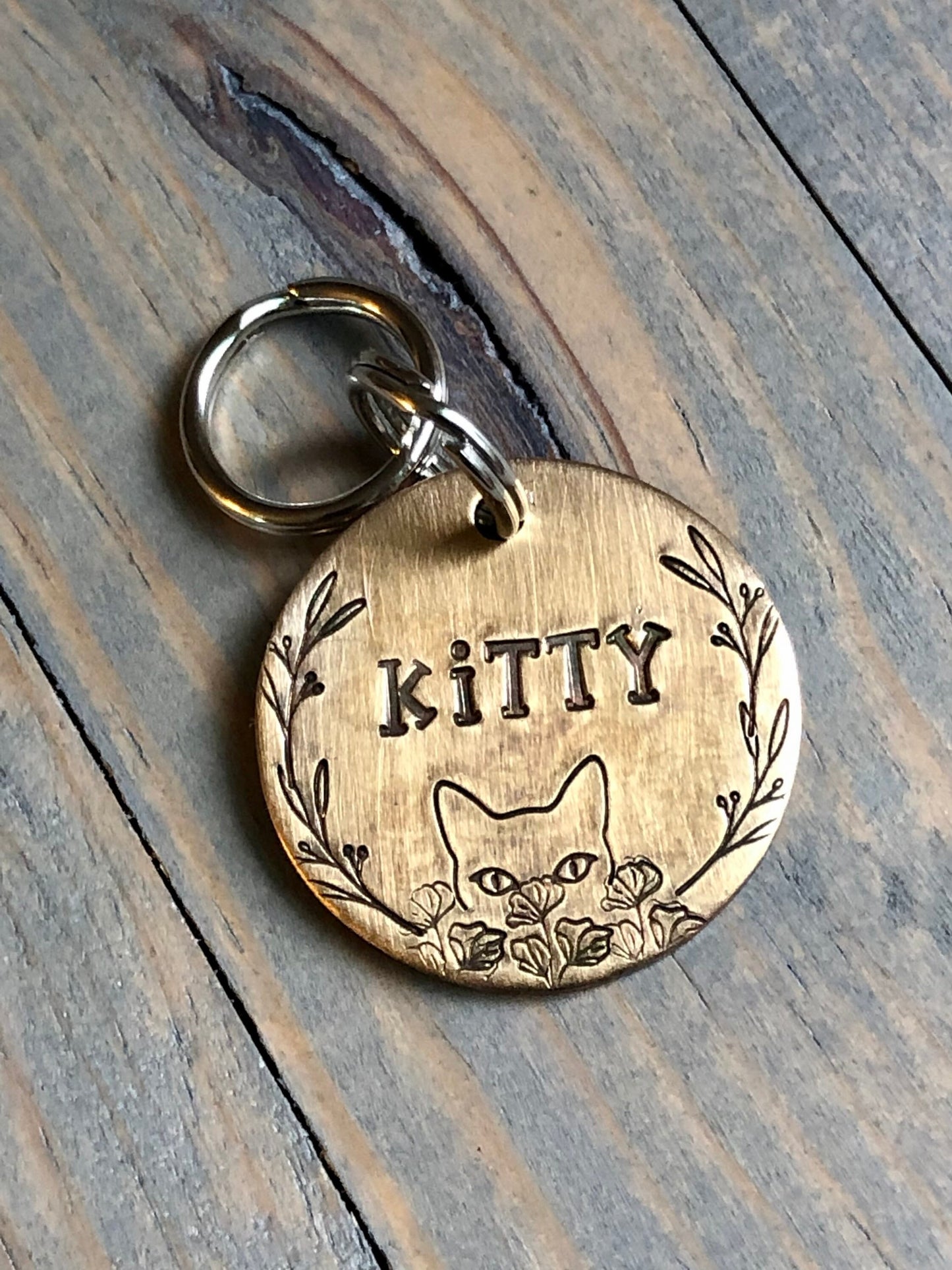 Name Tag for Cat, Hand Stamped Pet ID Tag, Kitty, Personalized Cat Tag for Kitty, Tag with Flowers, Kitten