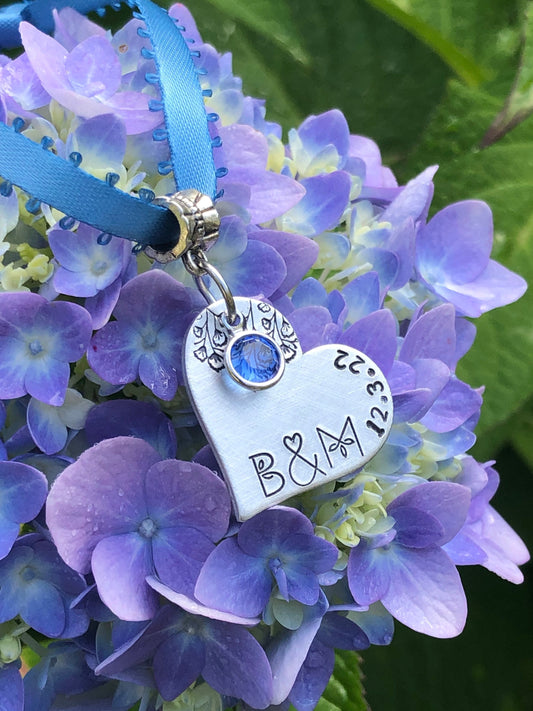 Something Blue for Wedding, Personalized Bridal Bouquet Charm, Unique Font and Ampersand for Weddings, Bridal Couple Initials and Date