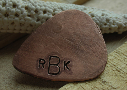 CUSTOM MONOGRAM GUITAR Pick-Handstamped Copper-Great Gift for Valentines Day, Husband, Boyfriend, Dad, Groomsmen