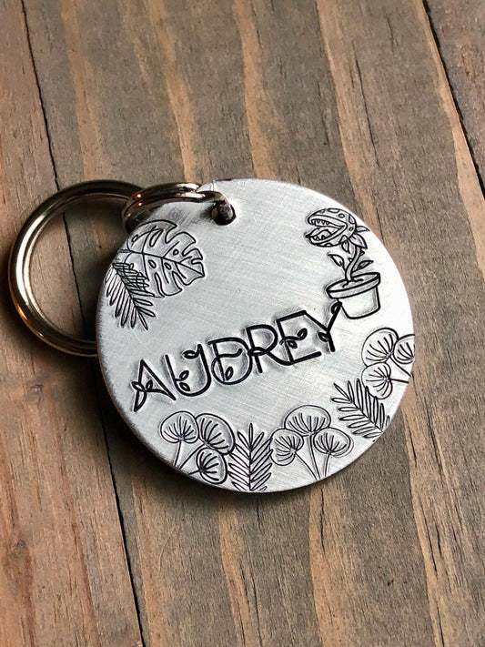 Name Tag for Dog, Hand Stamped Pet ID Tag, Audrey Dog Tag, Monster Plant, Dog Tag with Plants, Ferns, Leaves, Horror