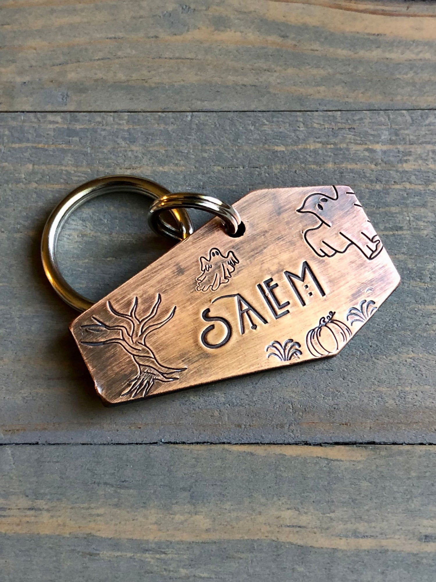 Custom Coffin Dog Tag, Hand Stamped Pet ID, Personalized Dog Tag for Dog, Halloween Collar Tag, Tag with Ghosts, Spooky Dog Tag, Salem