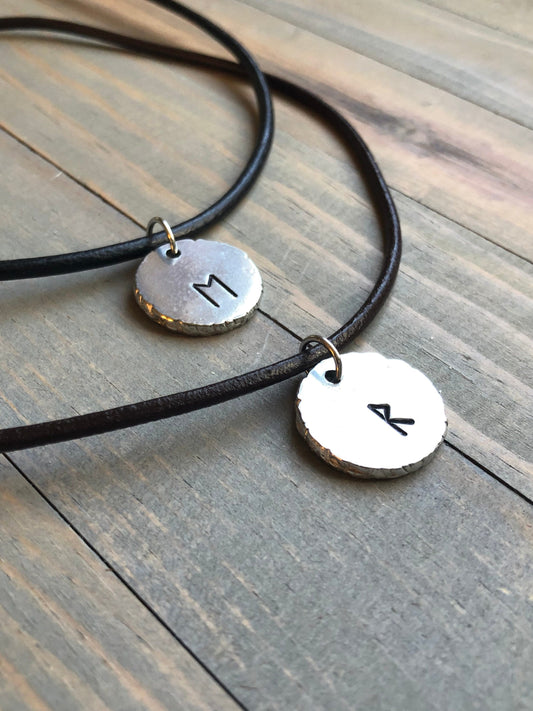 Pewter Rune Necklace - Viking Rune Pendant - Norse Pewter & Leather Necklace - Viking Elder Futhark Rune Choker - Hand Crafted and Stamped