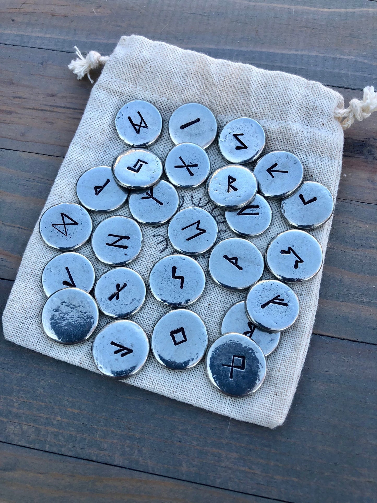 Rune Stone Set - Rune Divination Set - Pewter Runes - 25 Piece Elder Futhark Stones in Burlap Bag - Helm of Awe - Norse - Nordic - Pagan