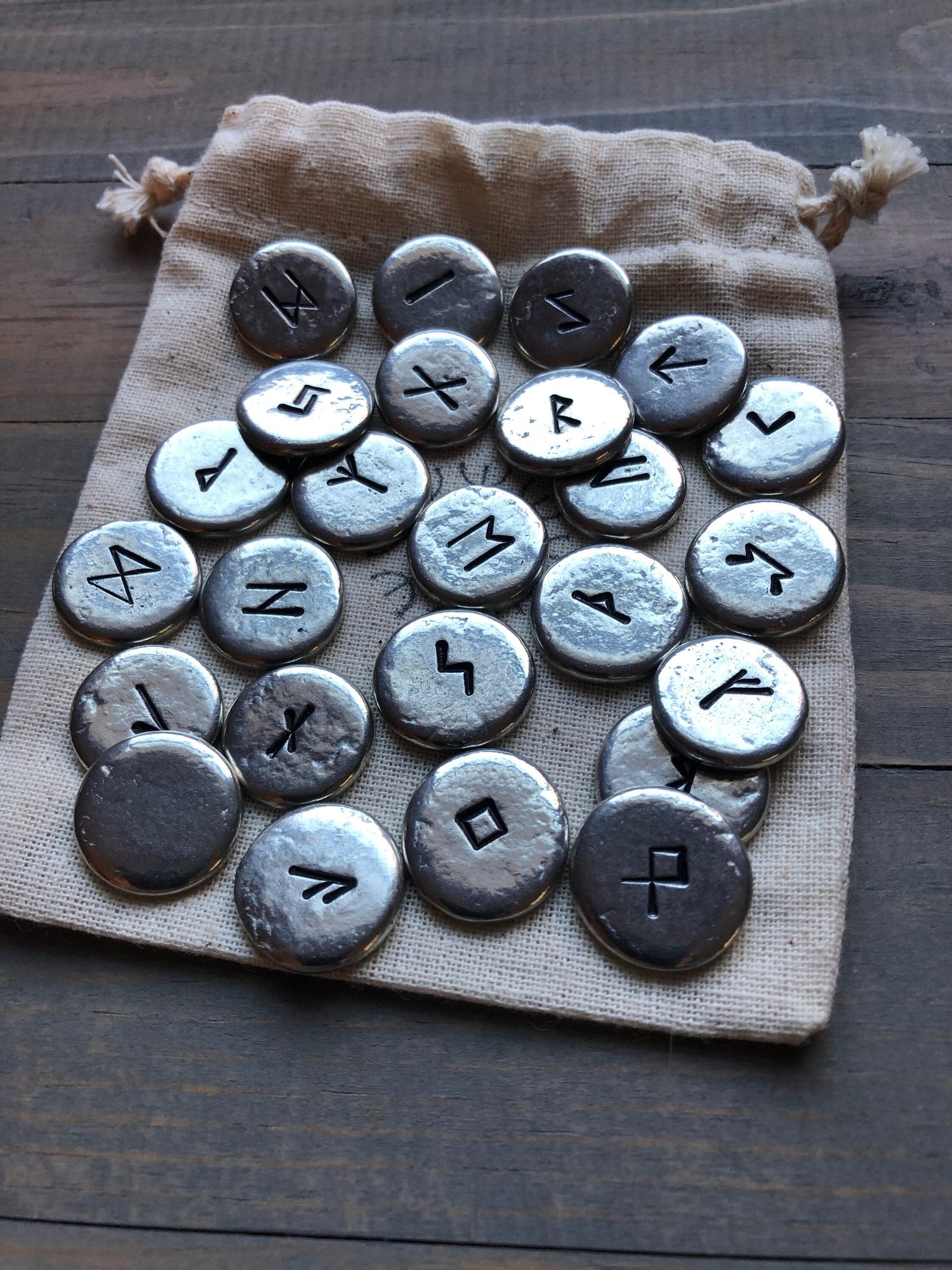 Rune Stone Set - Rune Divination Set - Pewter Runes - 25 Piece Elder Futhark Stones in Burlap Bag - Helm of Awe - Norse - Nordic - Pagan