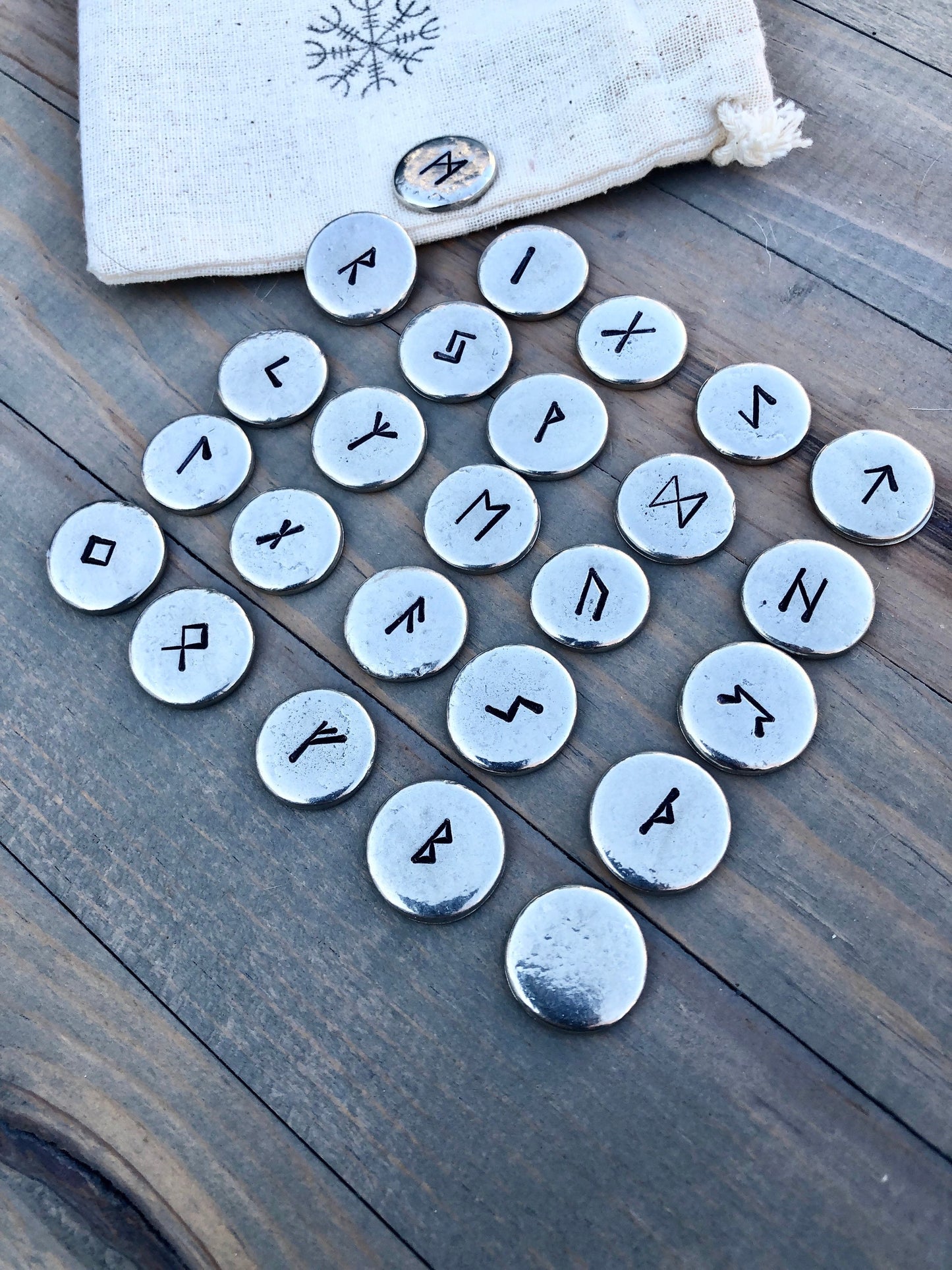 Rune Stone Set - Rune Divination Set - Pewter Runes - 25 Piece Elder Futhark Stones in Burlap Bag - Helm of Awe - Norse - Nordic - Pagan