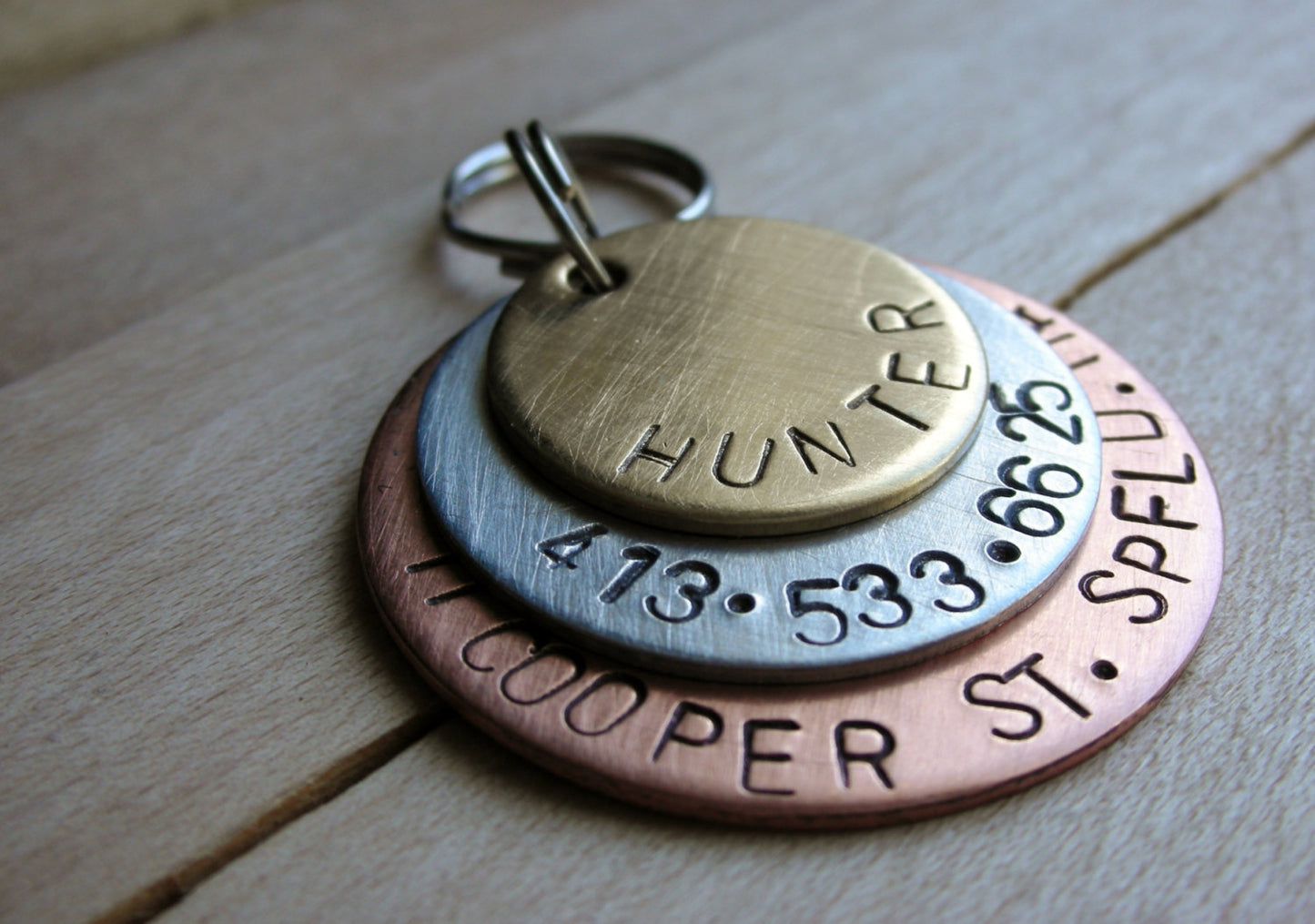 Custom Pet ID-Custom Dog Tag-The Hunter-Handstamped Layered Mixed Metals