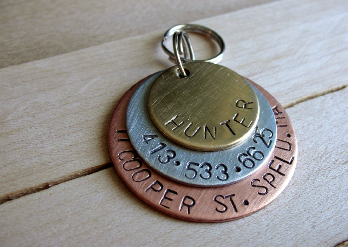 Custom Pet ID-Custom Dog Tag-The Hunter-Handstamped Layered Mixed Metals