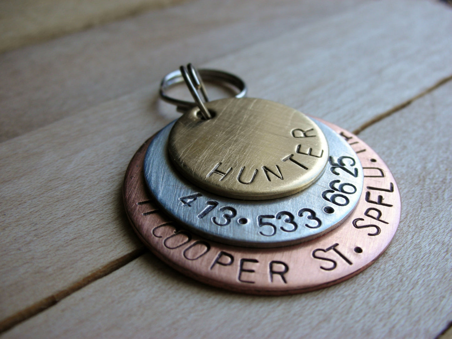 Custom Pet ID-Custom Dog Tag-The Hunter-Handstamped Layered Mixed Metals