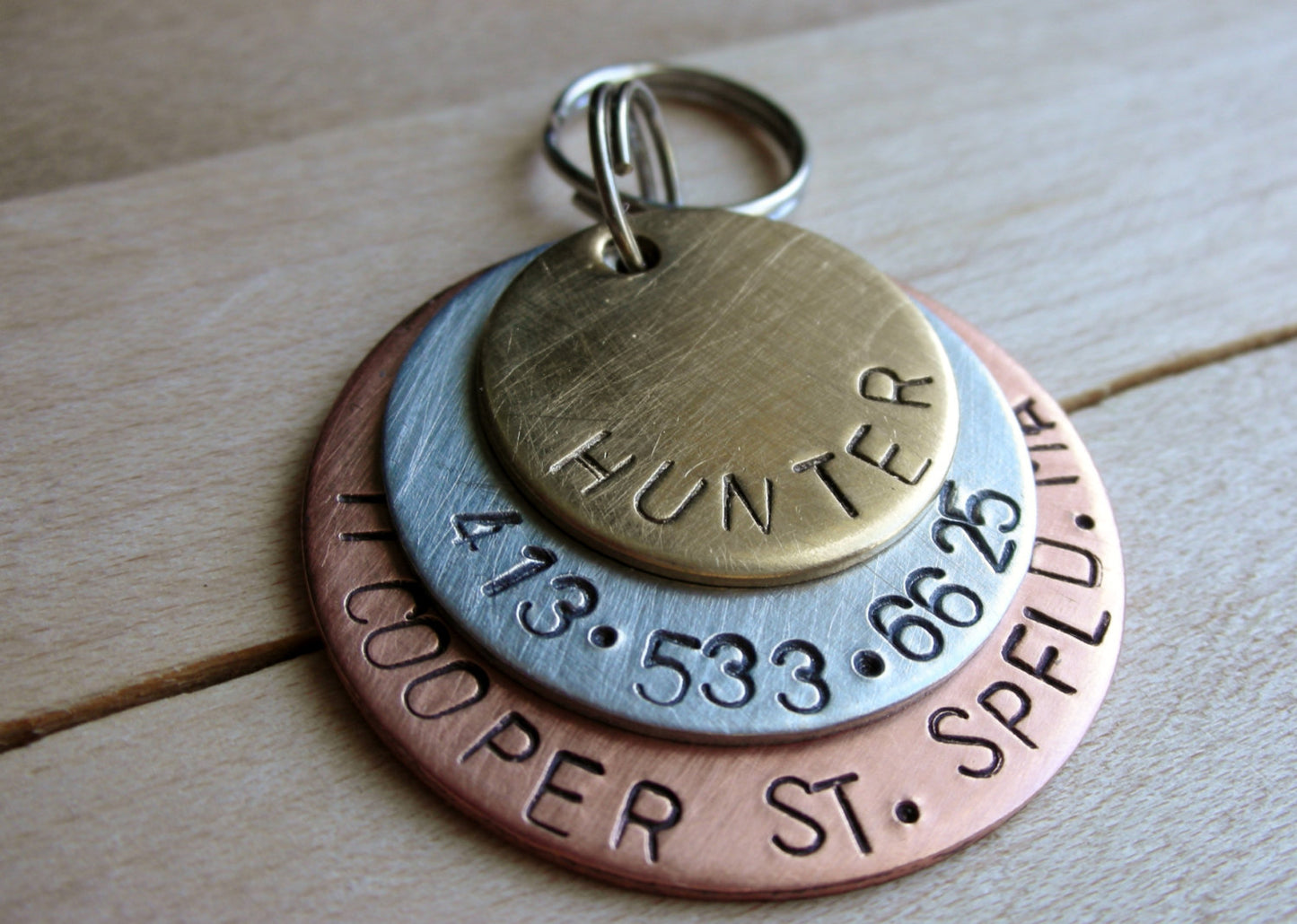 Custom Pet ID-Custom Dog Tag-The Hunter-Handstamped Layered Mixed Metals