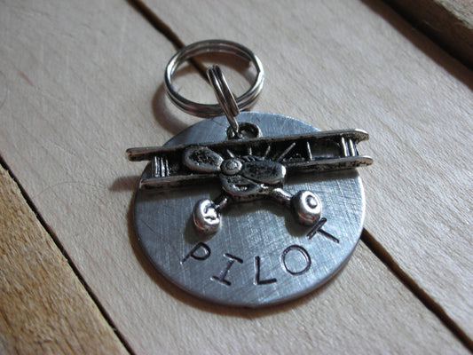 Custom Handstamped Dog/Pet ID Tag-Pilot-Sturdy Aluminum Disc with Bi-Plane