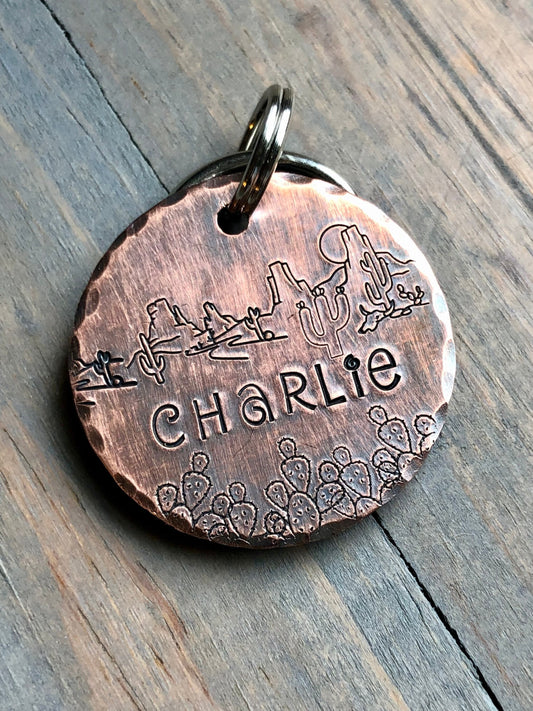 Name Tag for Dog, Hand Stamped Pet ID Tag, Desert Scene with Cactus, Personalized Dog Tag for Dog, Desert Theme Dog Tag, Southwest Dog Tag