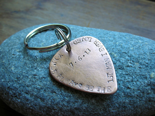 Father of the Bride Guitar Pick Keychain--Handstamped Copper-Gift for Father of the Bride, Dad Wedding Gift, Gift for Brides Father