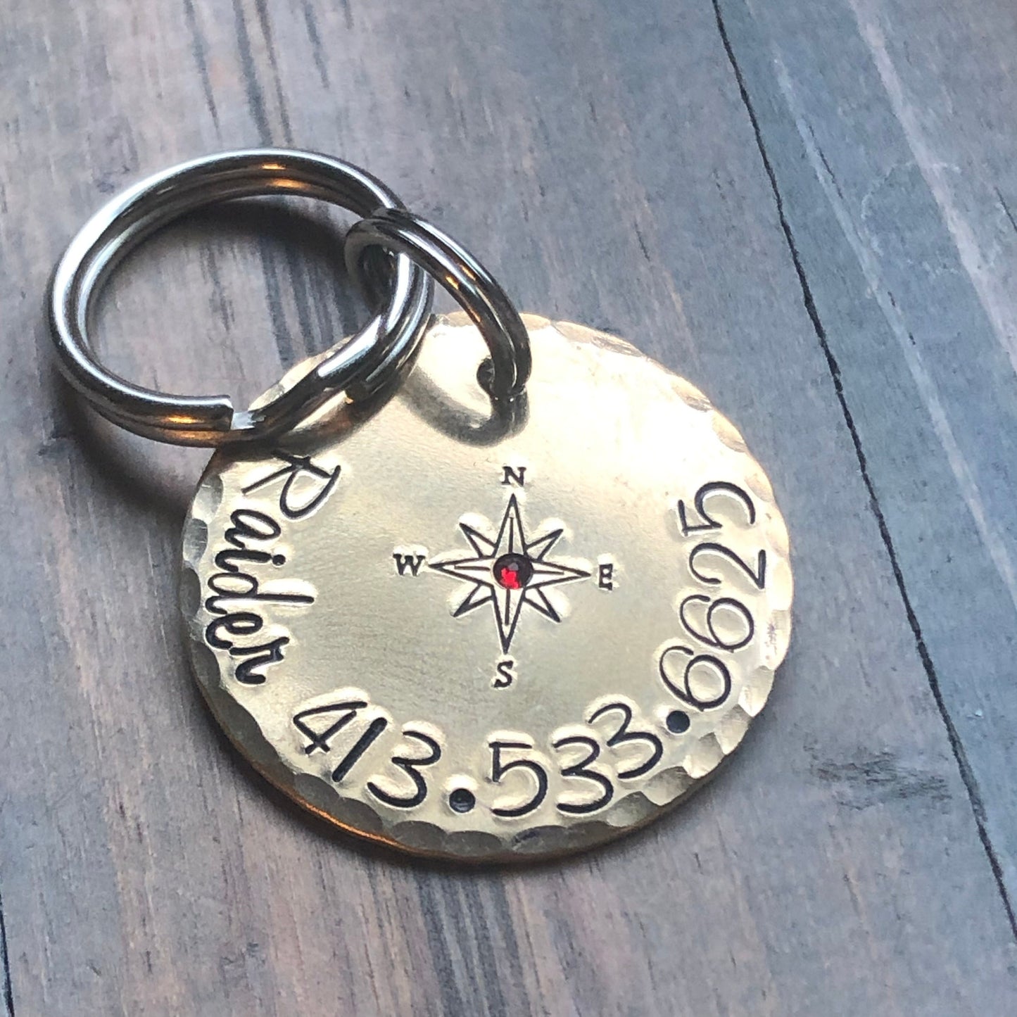 Compass Rose Hand Stamped Pet ID Tag, Name Tag for Dog, Adventure Dog Tag, Personalized Dog Tag for Dog, Compass, Crystal Inset