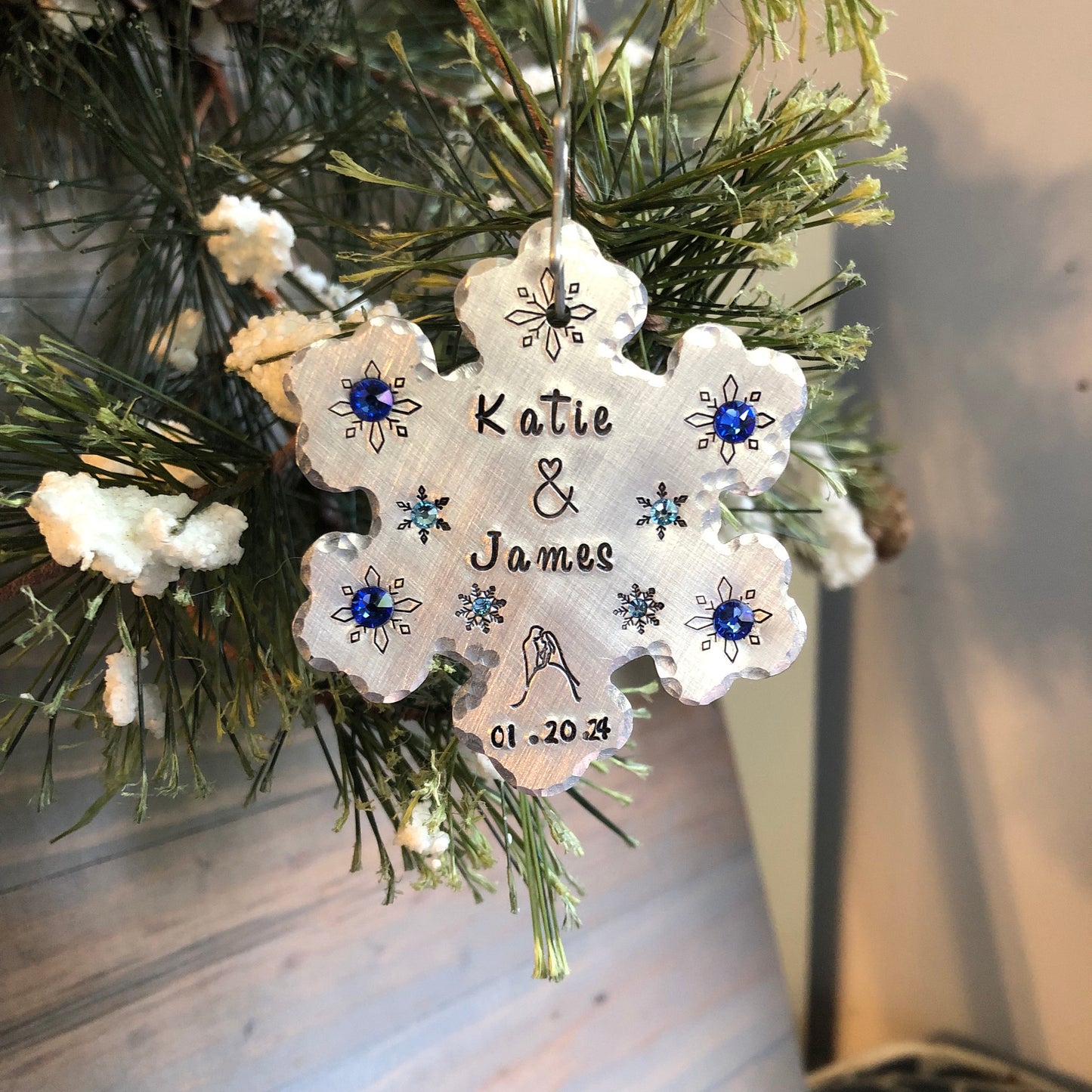 Something Blue for Winter Wedding, Personalized Bridal Bouquet Charm, Snowflake with Blue Crystals, Couple Names & Date, Christmas Ornament