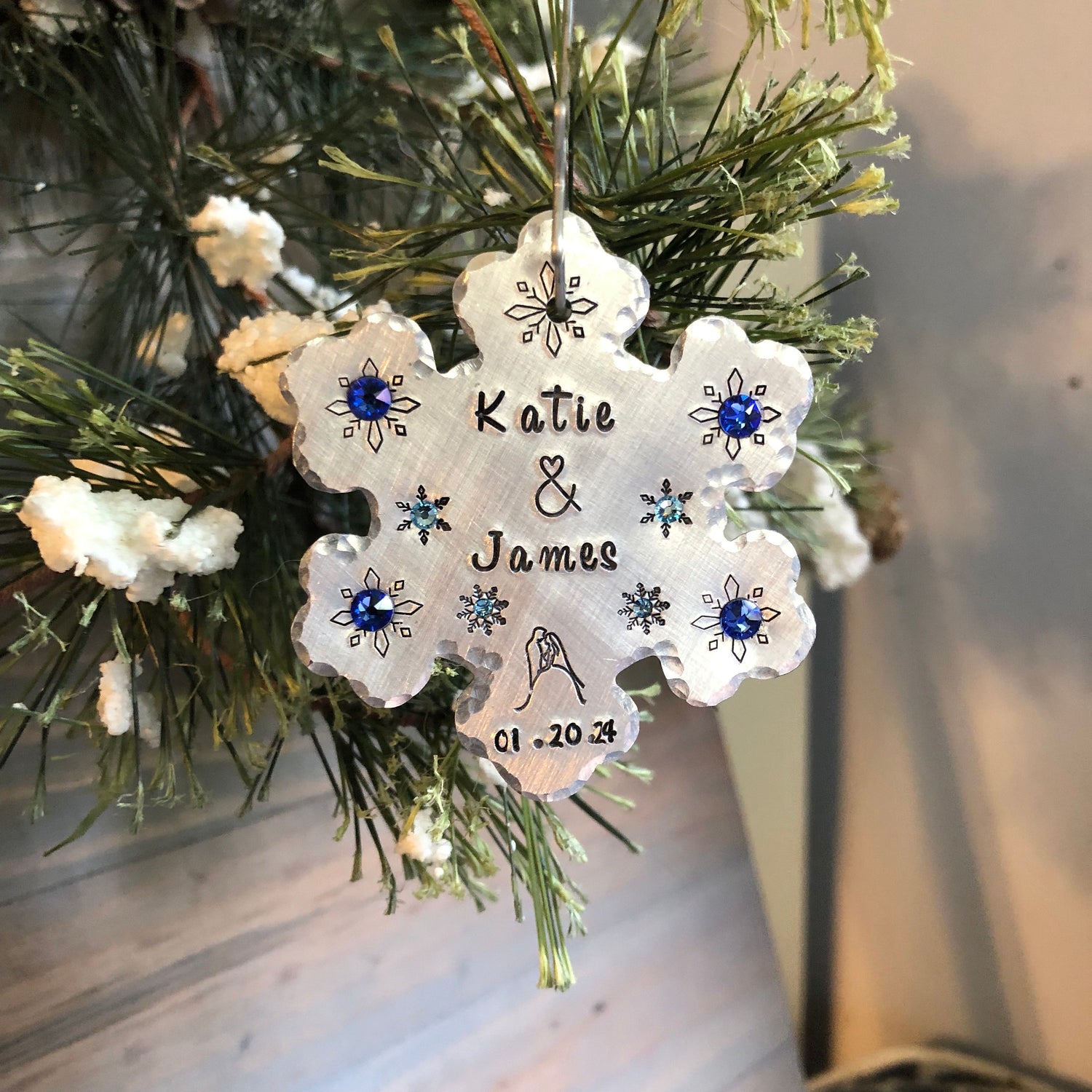 Something Blue for Winter Wedding, Personalized Bridal Bouquet Charm, Snowflake with Blue Crystals, Couple Names & Date, Christmas Ornament