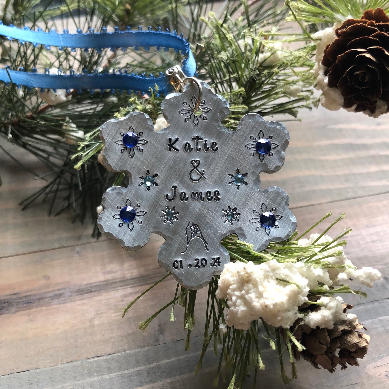 Something Blue for Winter Wedding, Personalized Bridal Bouquet Charm, Snowflake with Blue Crystals, Couple Names & Date, Christmas Ornament