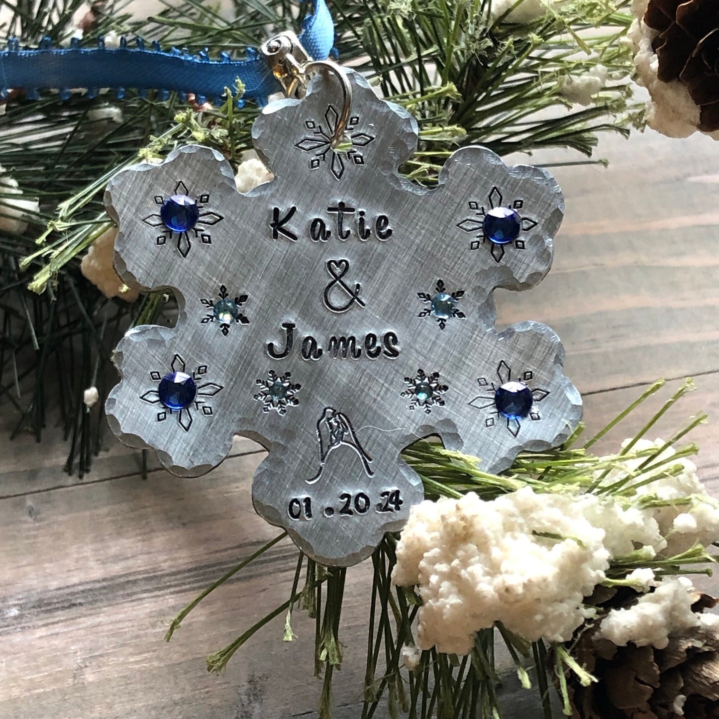 Something Blue for Winter Wedding, Personalized Bridal Bouquet Charm, Snowflake with Blue Crystals, Couple Names & Date, Christmas Ornament