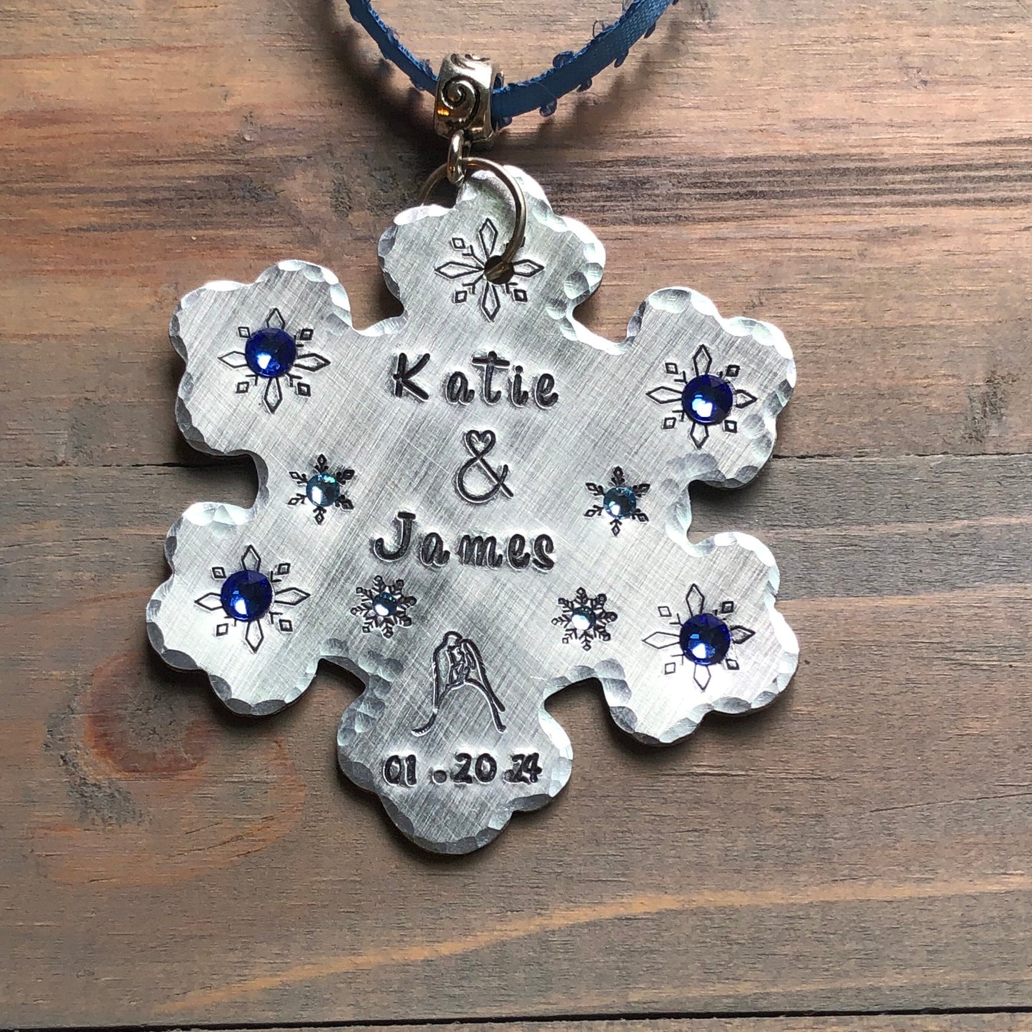 Something Blue for Winter Wedding, Personalized Bridal Bouquet Charm, Snowflake with Blue Crystals, Couple Names & Date, Christmas Ornament