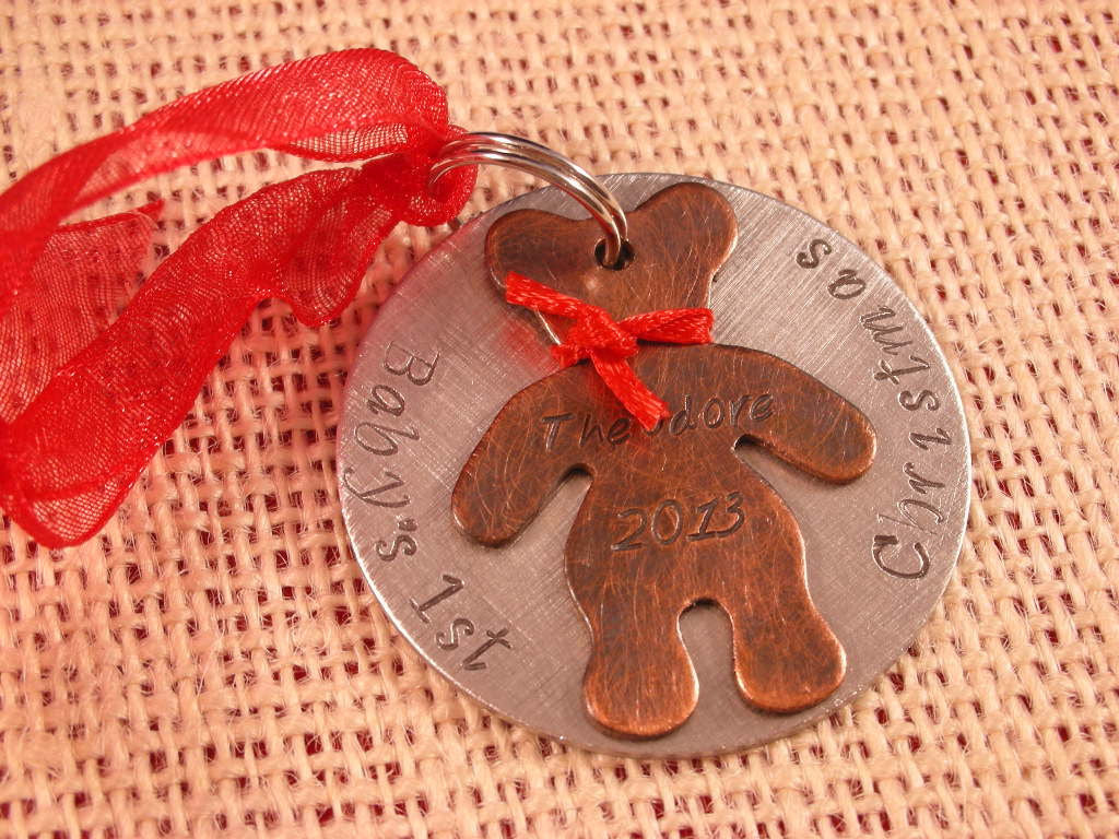 Baby&#39;s First Christmas Ornament-Unique Hand Stamped Baby&#39;s First Christmas Ornament-Teddy Bear Ornament-Custom Hand Stamped Baby Ornament