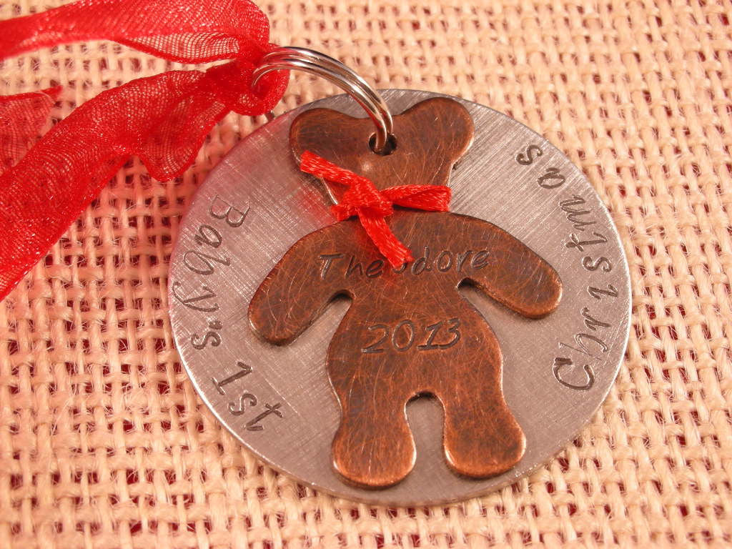 Baby&#39;s First Christmas Ornament-Unique Hand Stamped Baby&#39;s First Christmas Ornament-Teddy Bear Ornament-Custom Hand Stamped Baby Ornament