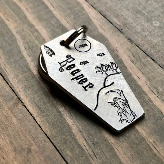 Grimm Reaper Coffin Dog Tag, Hand Stamped Pet ID, Personalized Dog Tag for Dog, Halloween Collar Tag, Tag with Bats, Spooky Dog Tag, Reaper