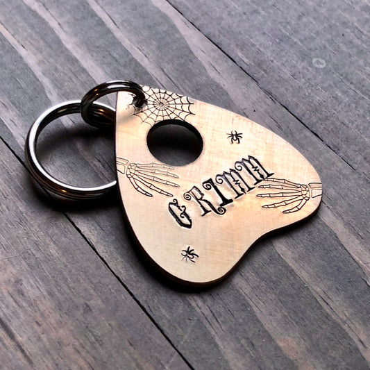 Custom Planchette Dog Tag with skeleton, Hand Stamped Pet ID, Personalized Dog Tag for Dog, Halloween Collar Tag, Tag with spiders and web